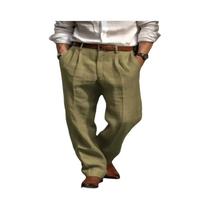 Calças Longas Casuais De Algodão E Linho Para Homens, Respiráveis, Com Cintura Elástica, Cor Sólida,