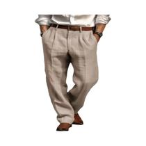 Calças Longas Casuais De Algodão E Linho Para Homens, Respiráveis, Com Cintura Elástica, Cor Sólida,