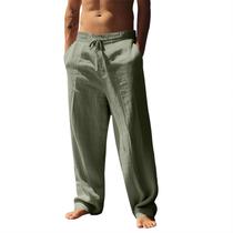 Calças masculinas casuais de linho domirica, verdes, soltas, 3GG Calças masculinas casuais de linho domirica, verdes, soltas, 3GG