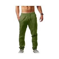 Calças Masculinas De Verão Oversized De Algodão E Linho Com Cintura Elástica Larga E Cor Sólida