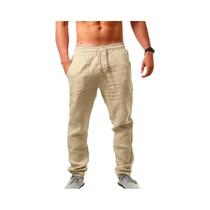 Calças Masculinas De Verão Oversized De Algodão E Linho Com Cintura Elástica Larga E Cor Sólida