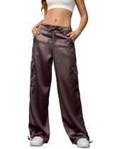 Calças Perfashion Coffee Satin Cargo Wide Leg para mulheres