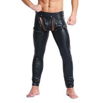 Calças QiAti Faux Leather Open Crotch Skinny para homens Calças QiAti Faux Leather Open Crotch Skinny para homens
