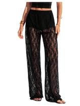Calças RoseSeek Y2K de renda floral transparente através da perna reta Calças RoseSeek Y2K de renda floral transparente através da perna reta
