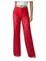 Calças RoseSeek Y2K de renda floral transparente vermelha reta