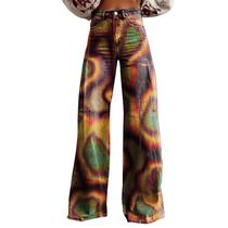 Calças RTJTGXF com estampa floral vintage, perna larga, tamanho grande