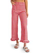 Calças Tankaneo Gingham xadrez com babados na bainha elástica, cintura elástica, feminina Calças Tankaneo Gingham xadrez com babados na bainha elástica, cintura elástica, feminina