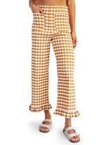 Calças Tankaneo Gingham xadrez com babados na bainha elástica, cintura elástica, feminina Calças Tankaneo Gingham xadrez com babados na bainha elástica, cintura elástica, feminina