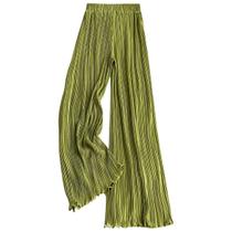 Calças WANLUOSUX de Cetim de Seda com Pernas Largas e Pregas Verdes Calças WANLUOSUX de Cetim de Seda com Pernas Largas e Pregas Verdes
