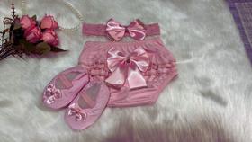 Calcinha Bunda Rica Bebê + Sapatinho + Faixa Cabeça com laço Tapa Fralda Bebe Roupa Infantil Menina