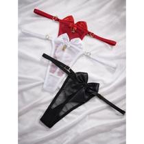 Calcinha Fio Dental em Tule Transparente com Laço Grande Atrás e Pingente de Coração Lingerie Sens