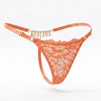 Calcinha Fio Dental Renda Regulável Com Frase Strass Brilho Apimentada Tamanho:38-46Cor:Laranja Neon Calcinha Fio Dental Renda Regulável Com Frase Strass Brilho Apimentada Tamanho:38-46Cor:Laranja Neon