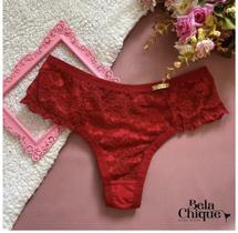 Calcinha fio dental vermelha costura detalhes em renda tamanho M