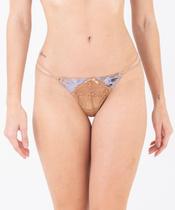Calcinha string c/ argolas douradas e alça roletê em renda e tecido acetinado estampado