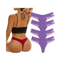 Calcinhas Fio Dental de Renda e Algodão - Kit com 4 Peças - Lingerie Sexy (P-GG)