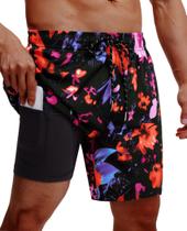 Calções de banho Gleeease masculinos de 18 cm com forro de compressão preto Calções de banho Gleeease masculinos de 18 cm com forro de compressão preto