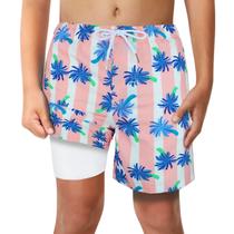 Calções de banho LUCOWEE Boys Pink Stripe Palmtree tamanho 14-16