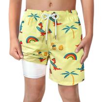Calções de banho masculinos de dinossauro amarelo com forro de cueca boxer, antiatrito, sem malha, forrado de compressão, elástico em 4 direções, UPF, de secagem rápida, tamanho 7-8