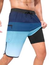 Calções de banho masculinos SILKWORLD Quick Dry com bolsos com zíper azuis