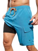 Calções de banho SILKWORLD masculinos com forro de compressão azul pavão