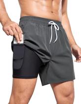 Calções de banho SILKWORLD masculinos com forro de compressão cinza