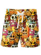 Calções de banho WDIRARA Cartoon Skull Print, cintura elástica masculina Calções de banho WDIRARA Cartoon Skull Print, cintura elástica masculina