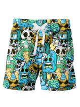 Calções de banho WDIRARA Cartoon Skull Print, cintura elástica masculina Calções de banho WDIRARA Cartoon Skull Print, cintura elástica masculina