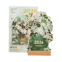 Calendário De Mesa Vintage 2026 Com Cartões De Pintura, Base De Madeira, Planejador Mensal,