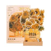 Calendário De Mesa Vintage 2026 Com Cartões De Pintura, Base De Madeira, Planejador Mensal,