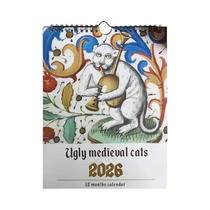 Calendário De Parede Medieval Com Gatos 2026, 12 Meses, Tema De Gatos Feios E Fofos, De Janeiro a