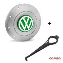 Calota Centro Roda Ferro VW Amarok Aro 14 15 5 Furos Prata Emblema Verde + Chave de Remoção