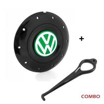 Calota Centro Roda Ferro VW Amarok Aro 14 15 5 Furos Preta Brilhante Emblema Verde + Chave de Remoçã