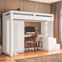 Cama Alta Beliche Office Adulto com Roupeiro e Escrivaninha Moon Yescasa Branco