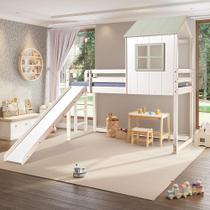 Cama Alta Infantil Cabana Family com Escorregador Branco/Verde - Casatema