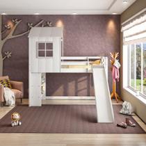 Cama Alta Infantil Cabana Family com Escorregador e Estante Branco/Off White - Casatema