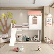 Cama Alta Infantil Club House Sweet com Escorregador Branco/Rosa - Casatema Cama Alta Infantil Club House Sweet com Escorregador Branco/Rosa - Casatema