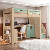 Cama Alta Infantil com Escada, Escrivaninha e 6 Portas Star Plus Casatema Legno Salinas/Verde Bellagio Cama Alta Infantil com Escada, Escrivaninha e 6 Portas Star Plus Casatema Legno Salinas/Verde Bellagio