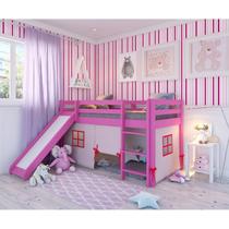 Cama Alta Infantil com Escorregador e Tenda em Madeira Maciça/MDF Rosa Cama Alta Infantil com Escorregador e Tenda em Madeira Maciça/MDF Rosa