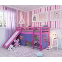 Cama Alta Infantil com Escorregador e Tenda em Madeira Maciça/MDF Rosa/Azul Cama Alta Infantil com Escorregador e Tenda em Madeira Maciça/MDF Rosa/Azul