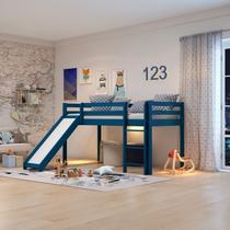 Cama Alta Infantil com Escorregador em Madeira Maciça/MDF Azul Cama Alta Infantil com Escorregador em Madeira Maciça/MDF Azul
