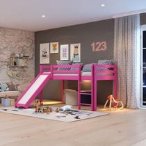 Cama Alta Infantil com Escorregador em Madeira Maciça/MDF Rosa Cama Alta Infantil com Escorregador em Madeira Maciça/MDF Rosa