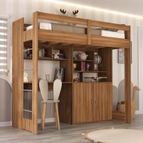 Cama Alta Infantil Juvenil 2 Portas com Escrivaninha Multifuncional Zwork Yescasa Nogal
