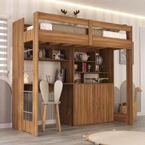 Cama Alta Infantil Juvenil 2 Portas com Escrivaninha Multifuncional Zwork Yescasa Nogal