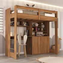 Cama Alta Infantil Juvenil 2 Portas com Escrivaninha Multifuncional Zwork Yescasa Nogal