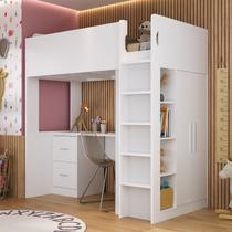 Cama Alta Infantil/Juvenil com Escrivaninha, Armário e Nichos