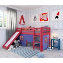 Cama Alta Kids com Escorregador e Tenda em Madeira Maciça/MDF Vermelho/Azul