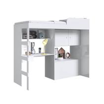 Cama Alta Multifuncional Branca com Baú Estação de Trabalho e Escada Lion Art In Móveis