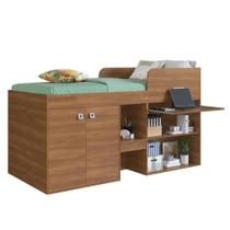 Cama Alta Multifuncional Com Armário E Escrivaninha 90 Monterey Nogal