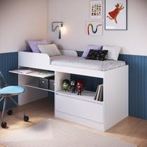 Cama Alta Multifuncional Solteiro com Estação de Trabalho 80 Jacarta Branco Cama Alta Multifuncional Solteiro com Estação de Trabalho 80 Jacarta Branco