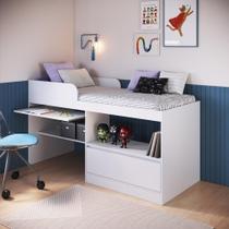 Cama Alta Multifuncional Solteiro com Estação de Trabalho 80 Jacarta Branco
